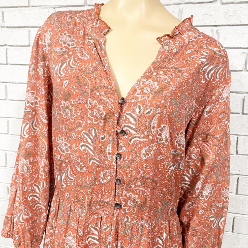 J.Jill Paisley Print Midi Dress Rust Orange Button Neck Ruffle Collar - Size XL - Picture 2 of 8